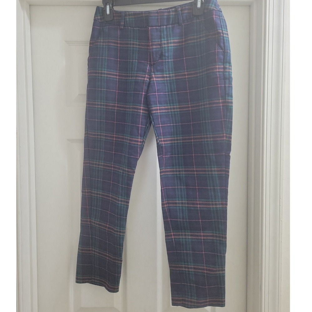 Merona Womens Navy Green Pink Plaid Classic Stretch Ankle Pants Size 4